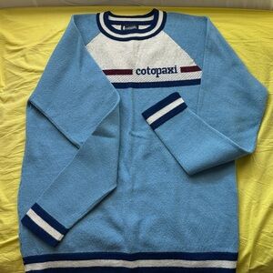 Cotopaxi NWOT cashmere llama Light Blue Crewneck Sweater with Navy Accents